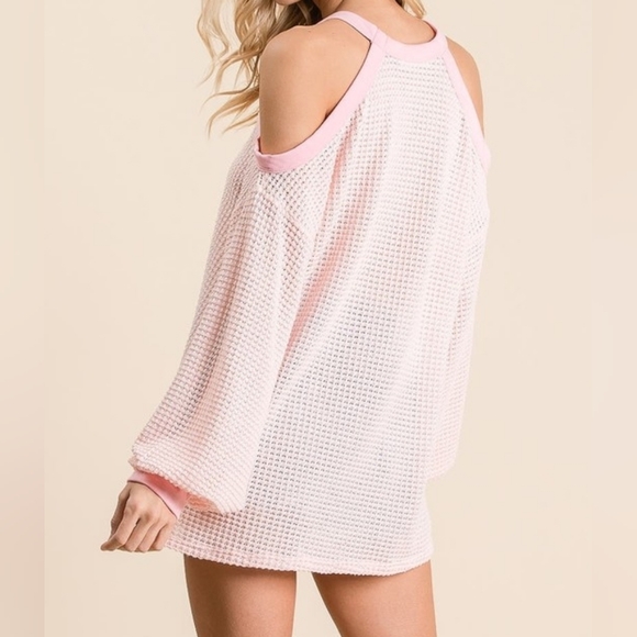 BiBi  Waffle Weave Top Cold Shoulder Pink Off-Shoulder Knit Sweater Pink - Picture 2 of 7